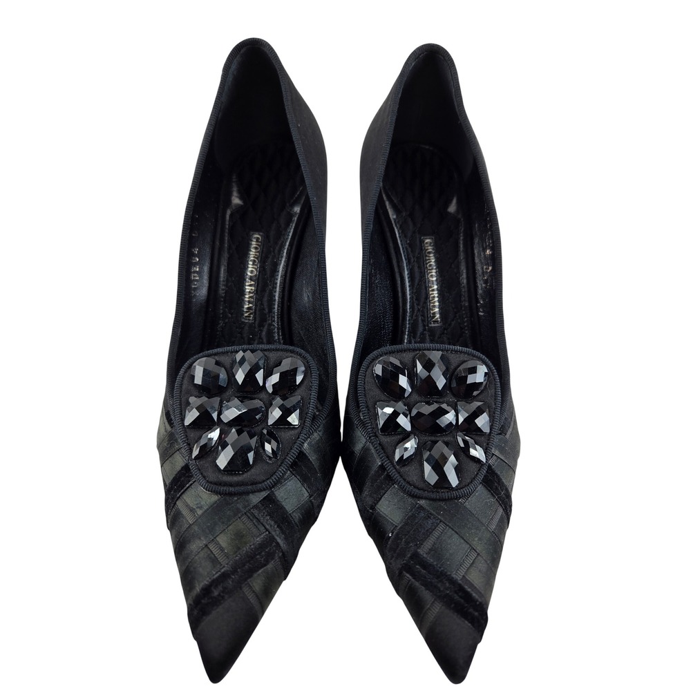 Giorgio Armani Black Satin Velvet Rhinestone Pointed Toe Pumps Heels Italy 36 6 - Picture 1 of 15